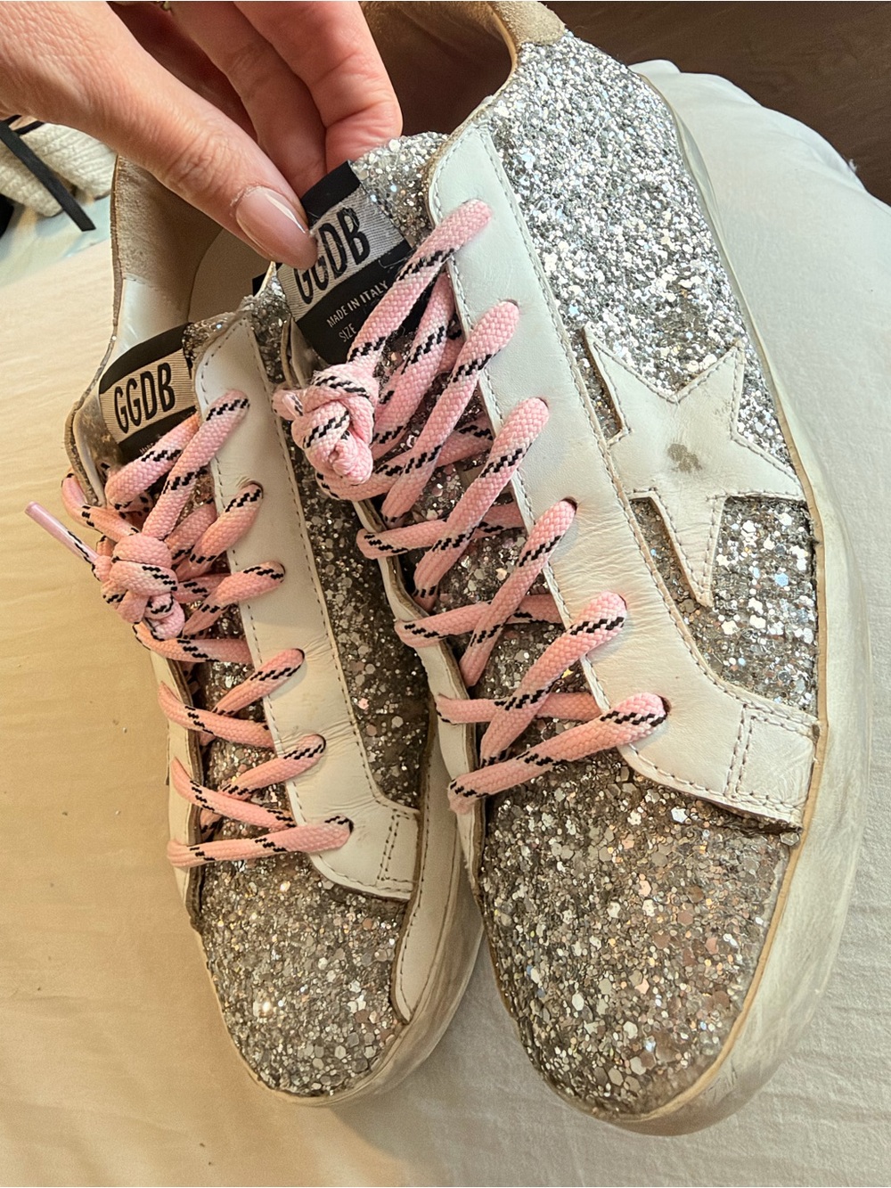 Golden Goose Glitter Star Low-Top Sneakers with Pink Laces